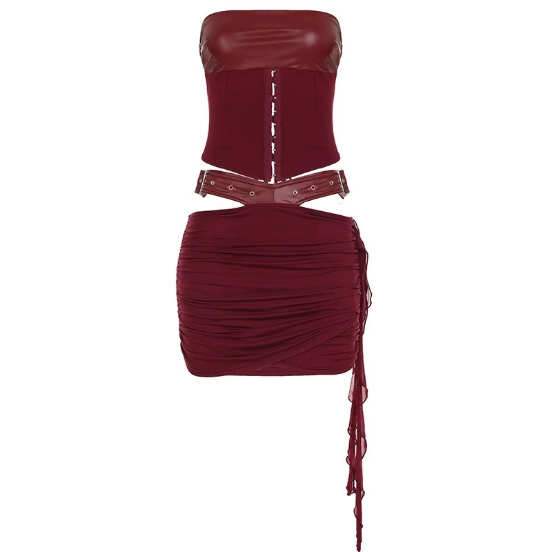 Leather strappy bustier top and half skirt set-Straykids concert outfitidea for STAY