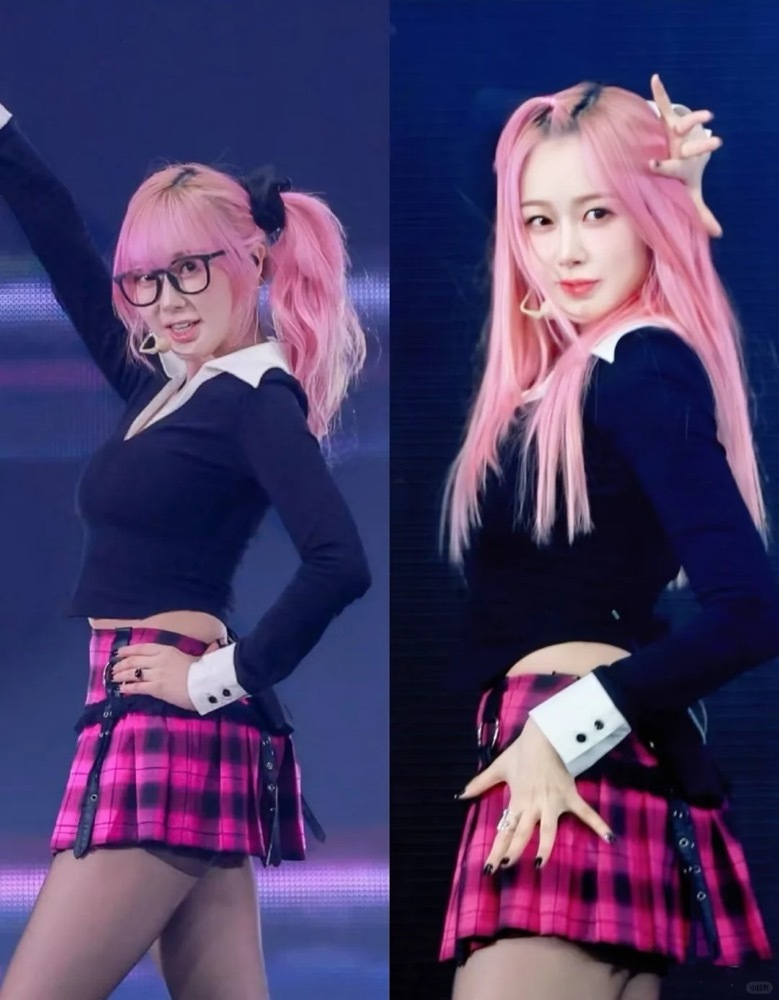 Aespa Giselle-Colorblocked T-Shirt Pink Plaid skirt Set