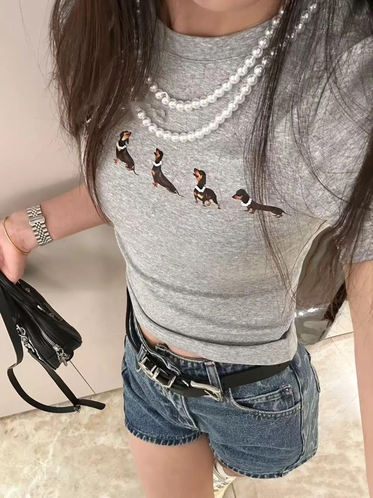 Beaded Necklace Dog Printed Stretch Short Sleeve-inspired by JENNIE for ExtraL Challenge 