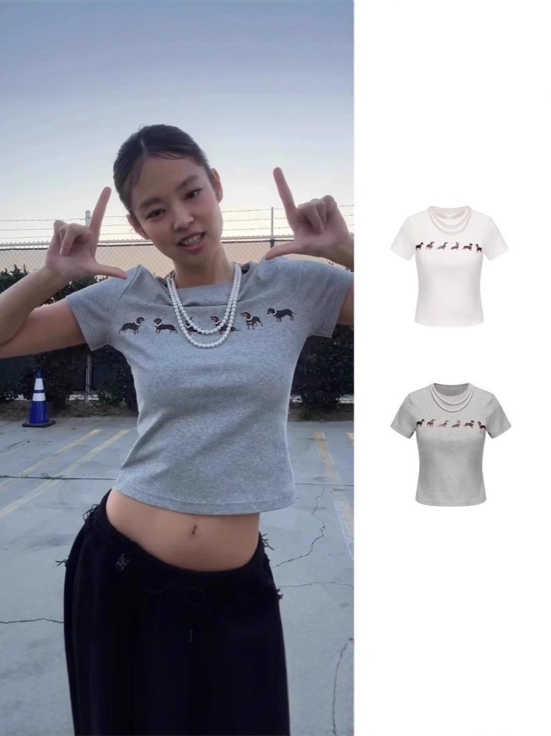 Beaded Necklace Dog Printed Stretch Short Sleeve-inspired by JENNIE for ExtraL Challenge 