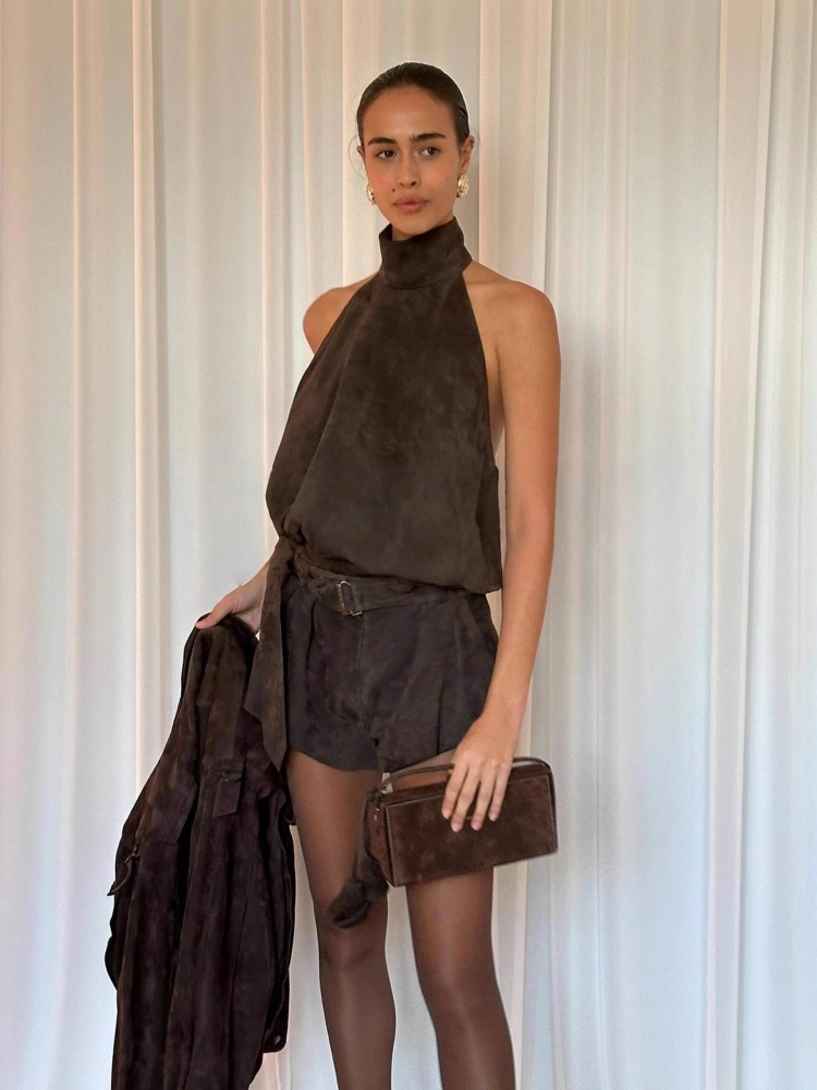 Blackpink Jennie Inspired Brown Beige Halter Neck Cami & Shorts Set