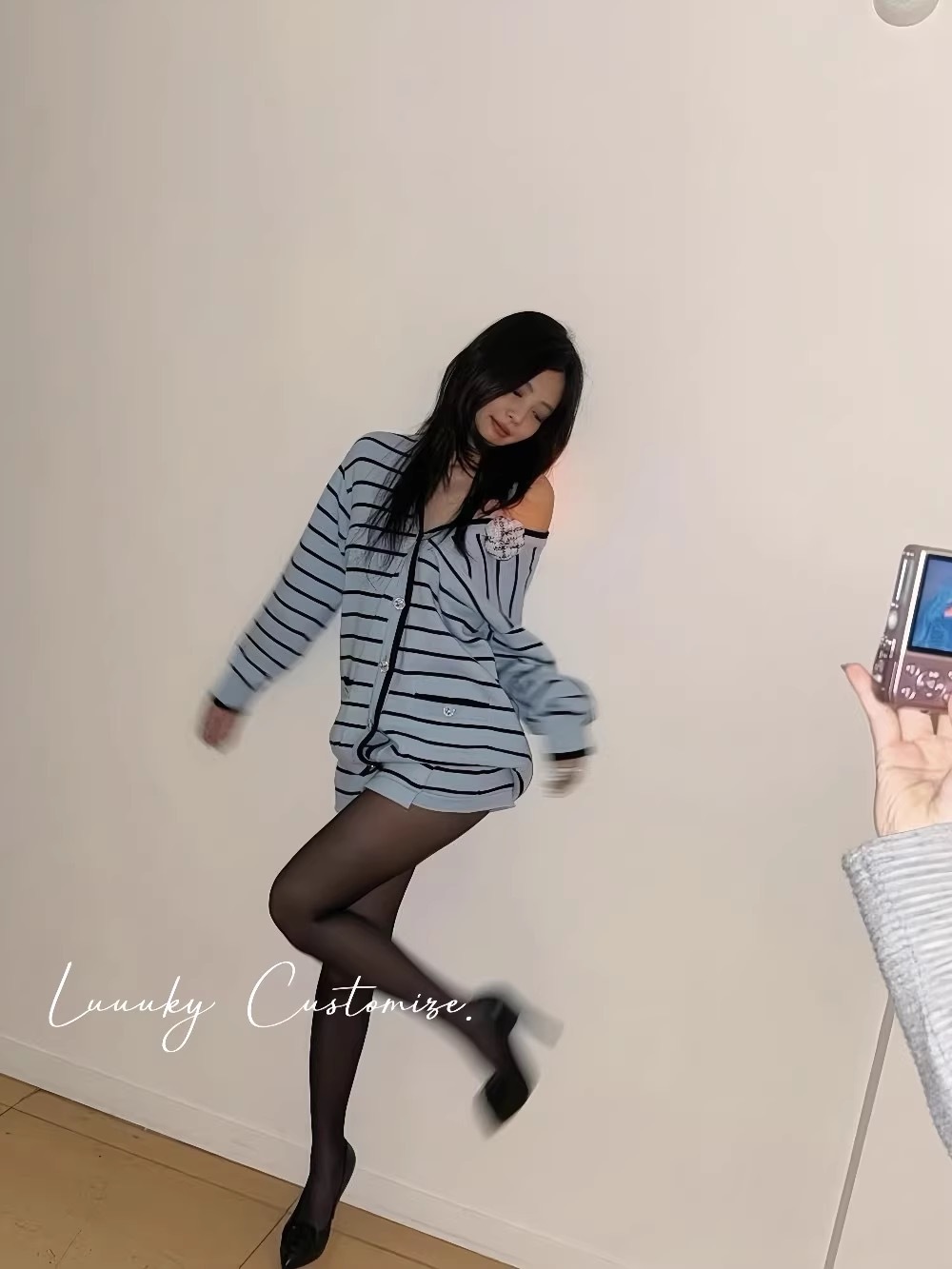 blackpink Jennie Inspired Blue Striped Knit Cardigan Skirt Set