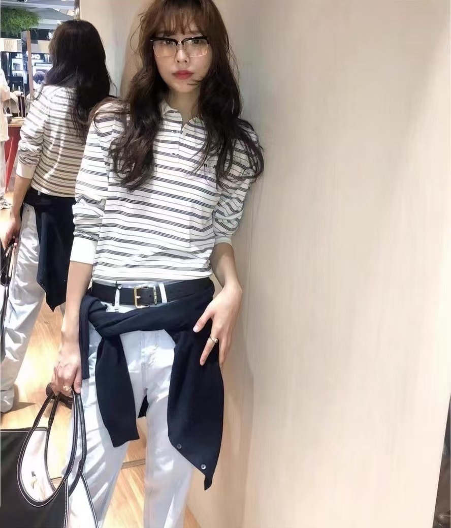 TXT Beomgyu White Striped Long Sleeve Polo Shirt