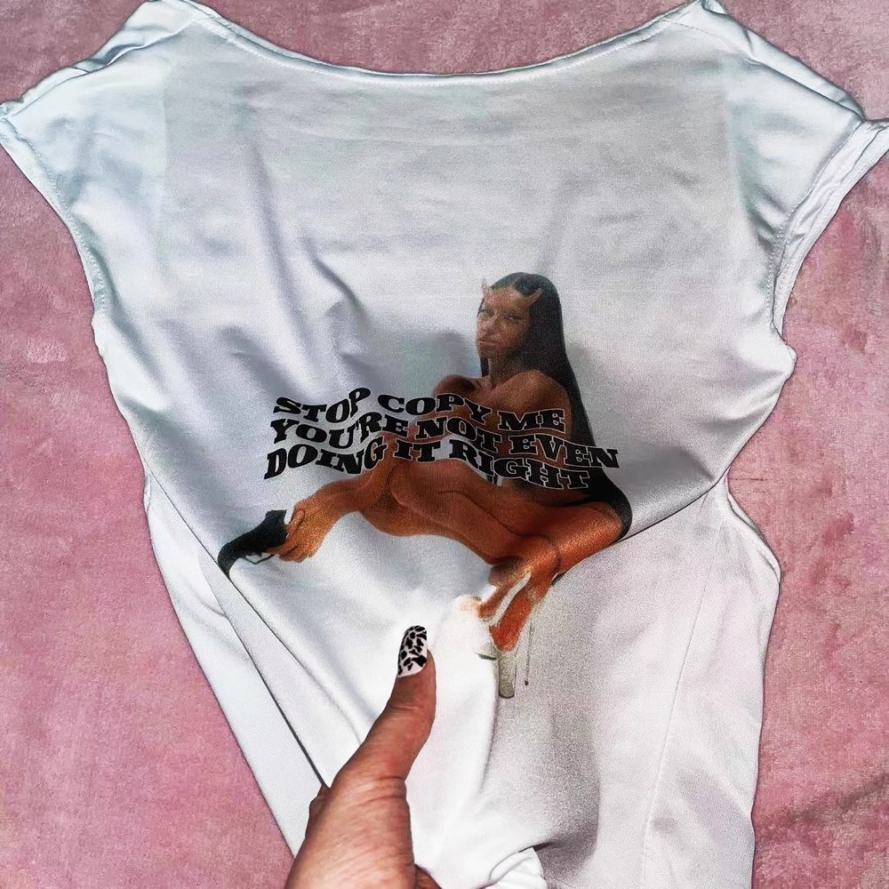  Y2K-STOP COPY ME See-Through Backless Tee