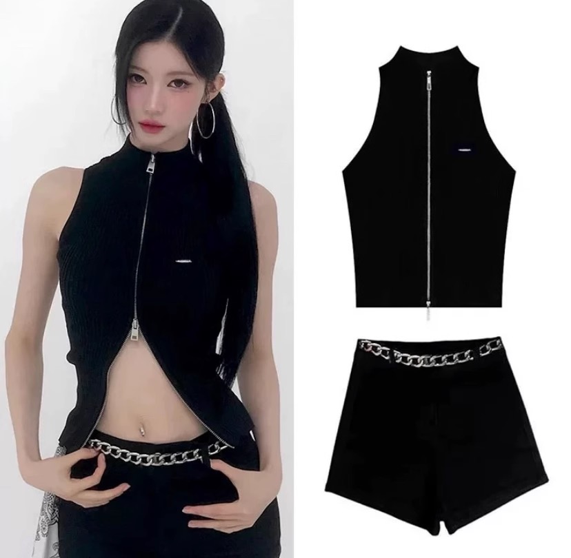 Babymonster ASA-Black Zip Top Chain Shorts Set 