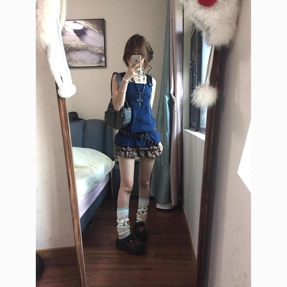 Y2K-Harajuku Top Schoolgirl Leopard Tiered Skirt Set