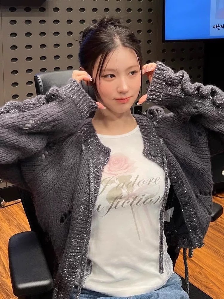 GIDLE Minnie Miyeon Inspired Rose Lace Trim Long Sleeve Tee