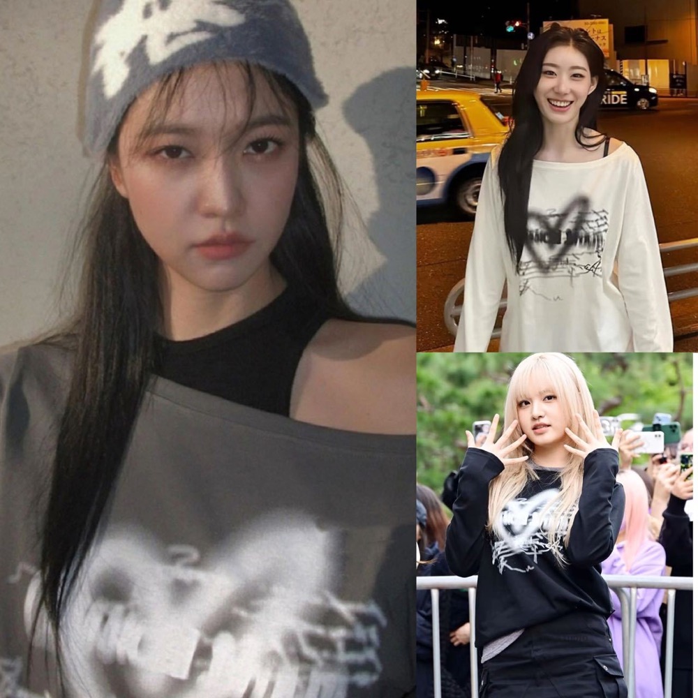 IVE&NJZ&ITZY- Inspired Heart Print Boat Neck Off-Shoulder Tee