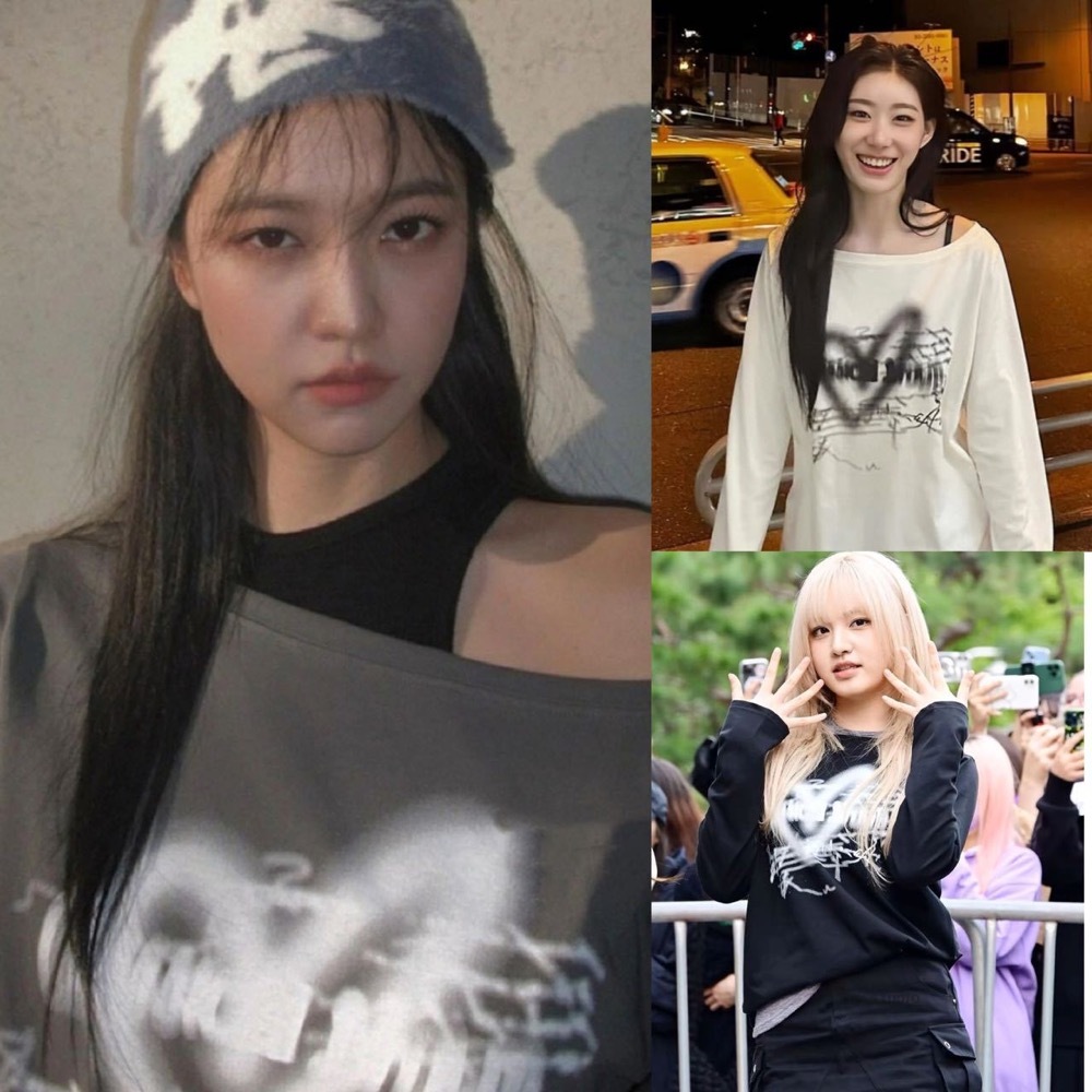 IVE&NJZ&ITZY- Inspired Heart Print Boat Neck Off-Shoulder Tee