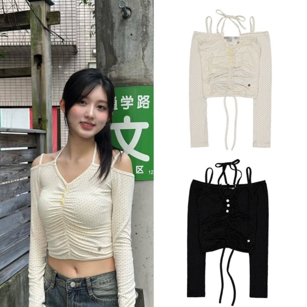 VE Kim Gaeul Inspired Dot Print Off-Shoulder Tee