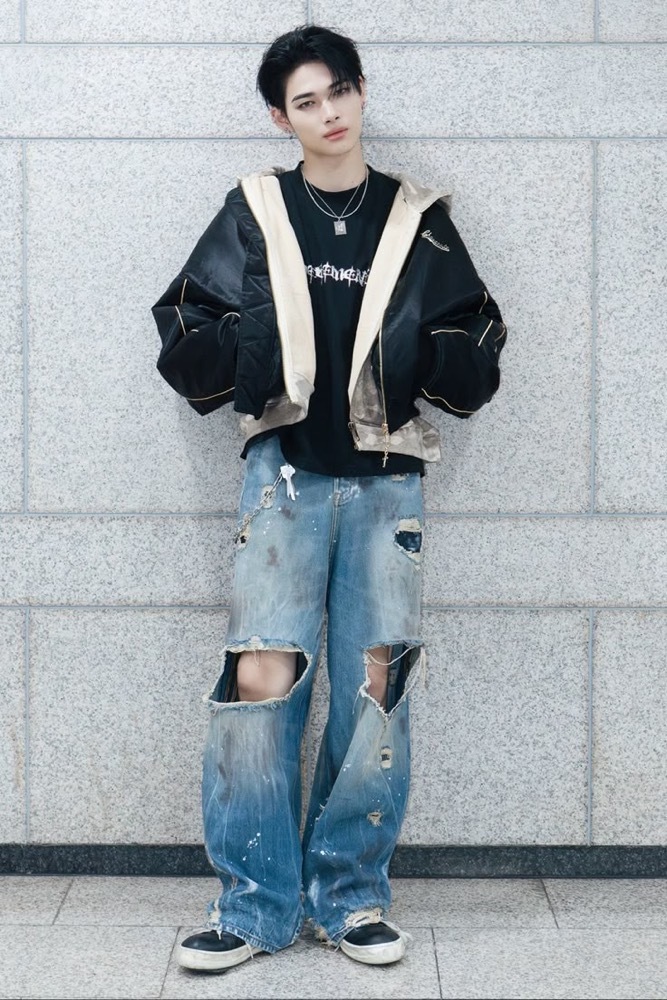 ENHYPEN NIKI  inspired Destroyed  Washed White Patchwork Spray Paint Blue Denim Jeans pants-NI-KI