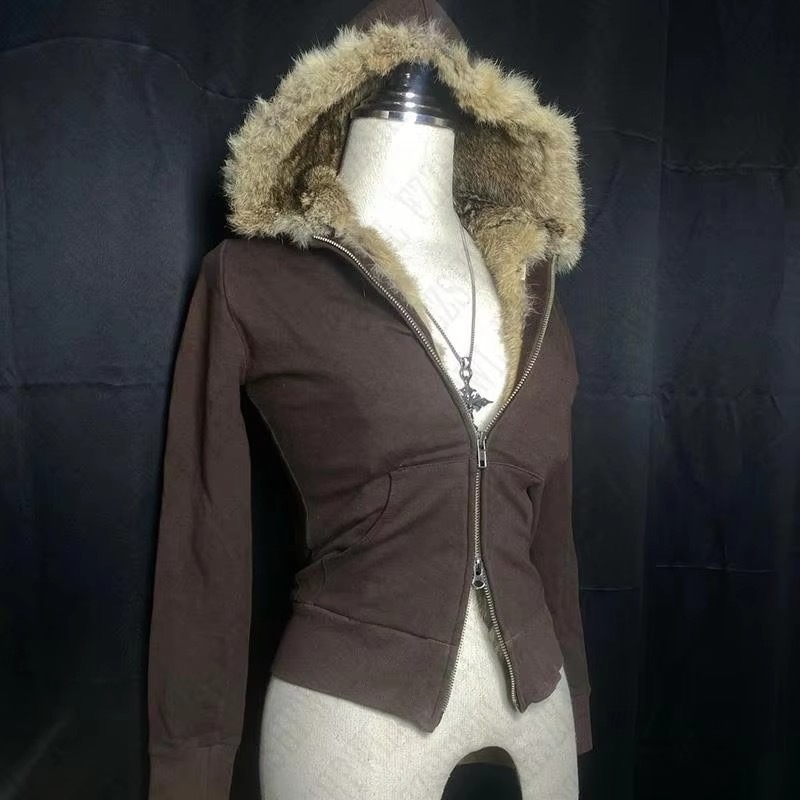 Y2K Vintage Faux Fur Hooded Jacket
