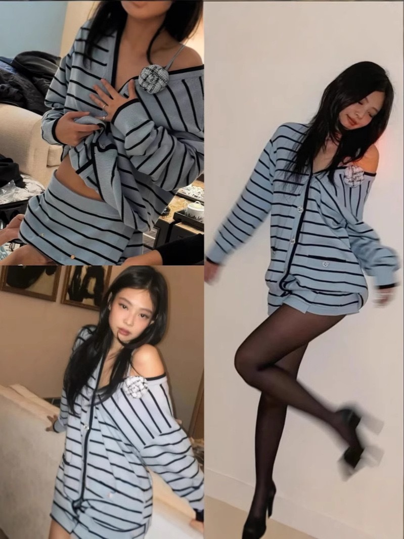 blackpink Jennie Inspired Blue Striped Knit Cardigan Skirt Set