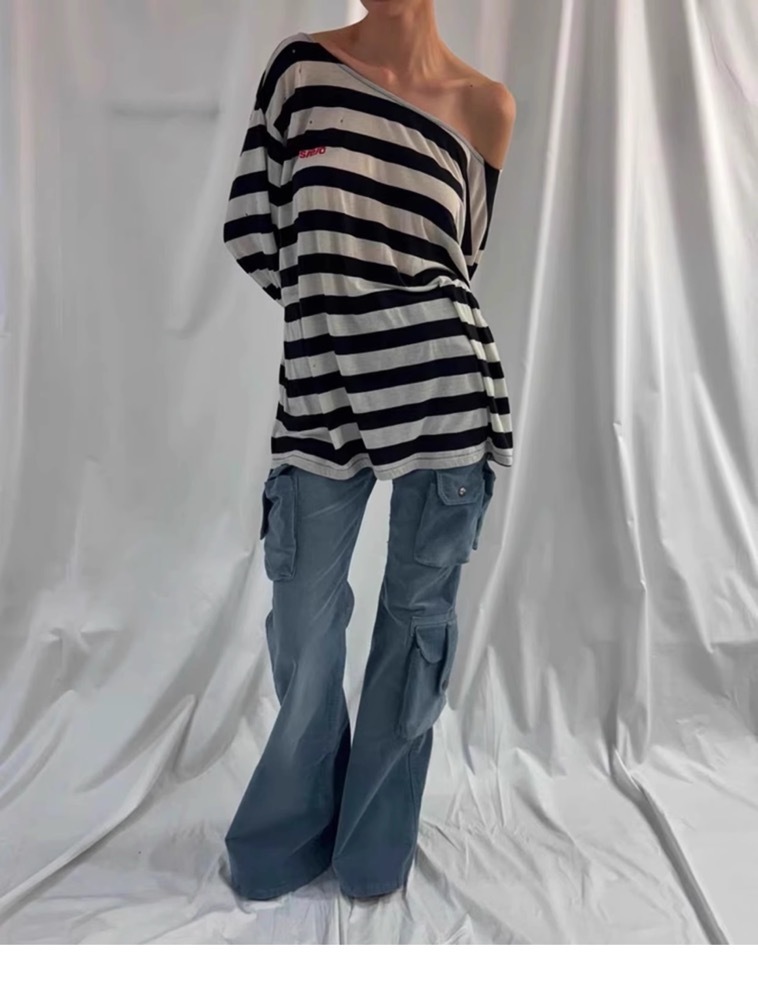 Aespa Ningning Inspired Striped Off-Shoulder Long Sleeve Tee