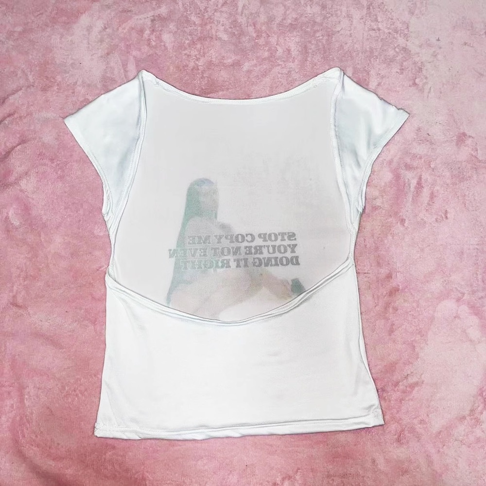  Y2K-STOP COPY ME See-Through Backless Tee
