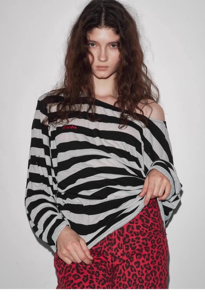 Aespa Ningning Inspired Striped Off-Shoulder Long Sleeve Tee