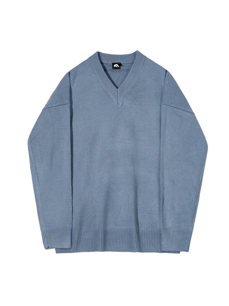 ENHYPEN Sunghoon Blue Solid Color Inspired Oversized V-Neck Knit Sweater 