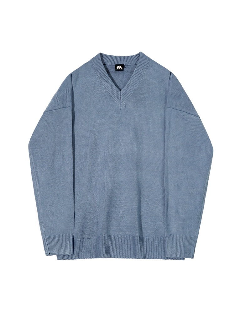 ENHYPEN Sunghoon Blue Solid Color Inspired Oversized V-Neck Knit Sweater 