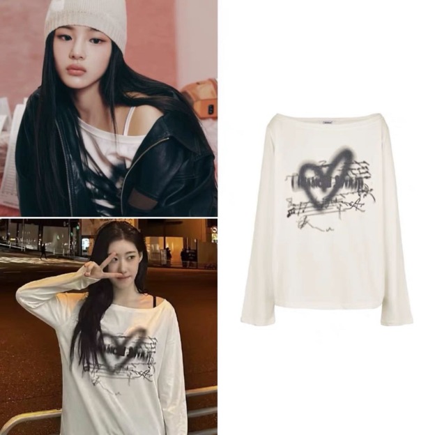 IVE&NJZ&ITZY- Inspired Heart Print Boat Neck Off-Shoulder Tee