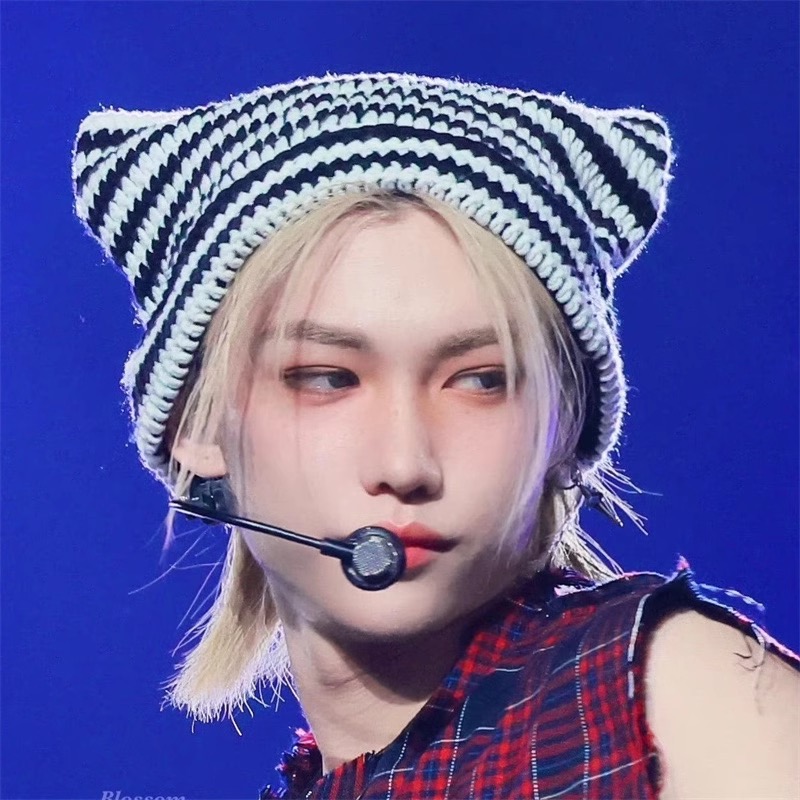 StrayKids Felix-black white Hand-Knitted Beanie hat