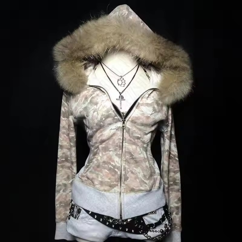 Y2K Vintage Faux Fur Hooded Jacket
