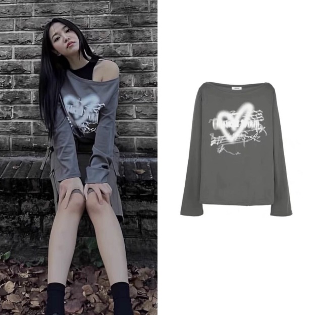 IVE&NJZ&ITZY- Inspired Heart Print Boat Neck Off-Shoulder Tee