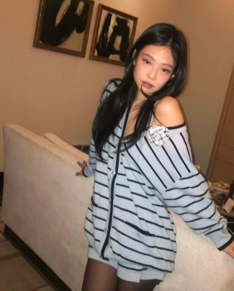 blackpink Jennie Inspired Blue Striped Knit Cardigan Skirt Set