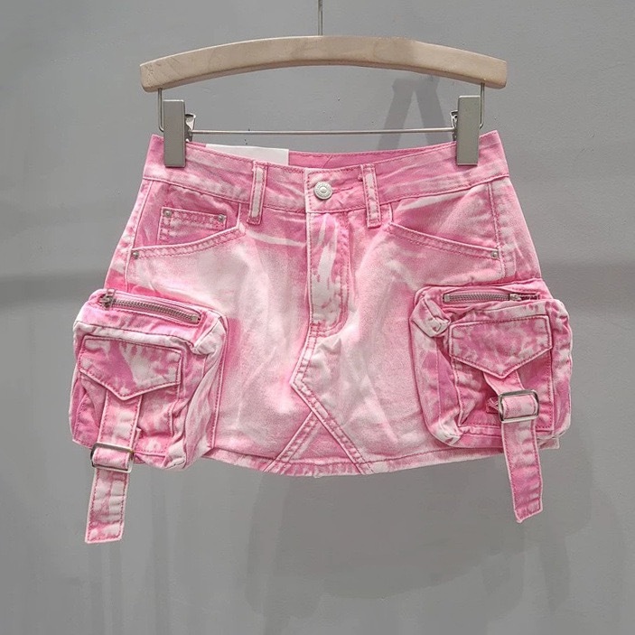 Babymonster Ahyeon Pink Utility Denim Skirt 