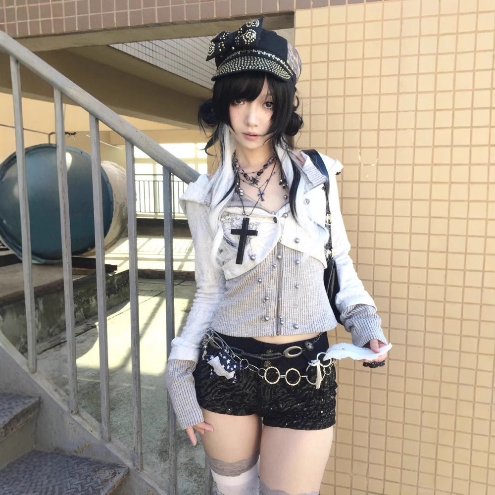 Y2K-Grunge Hooded Knit Sweatshirt