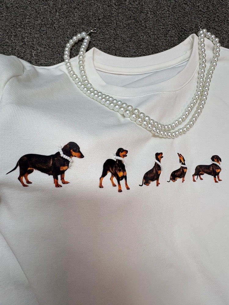 Beaded Necklace Dog Printed Stretch Short Sleeve-inspired by JENNIE for ExtraL Challenge 