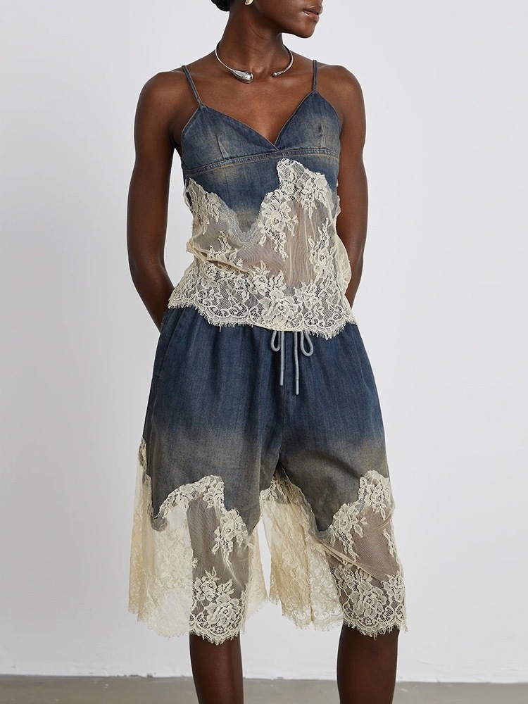  Le Sserafim Kazuha Lace Elegant Top Denim Shorts inspired Set
