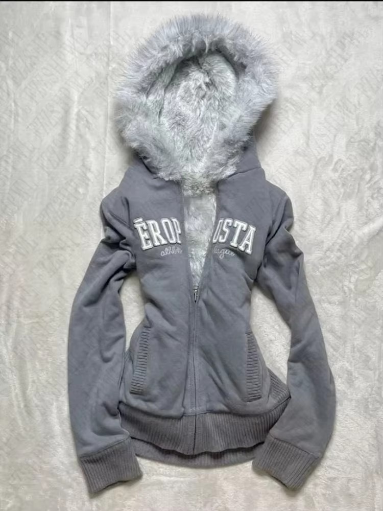 Y2K Vintage Faux Fur Hooded Jacket