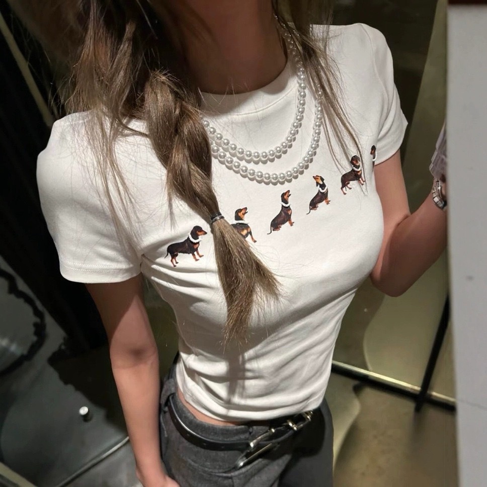 Beaded Necklace Dog Printed Stretch Short Sleeve-inspired bJENNIE for 