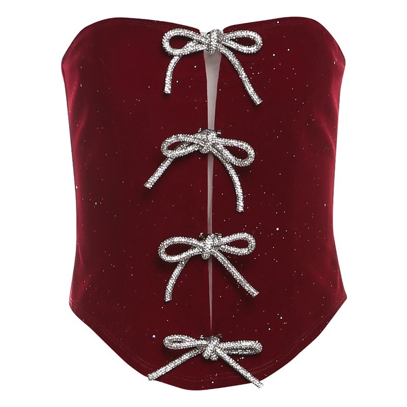 BabyMonster Ahyeon-Red Corset Bowknot Accent Top