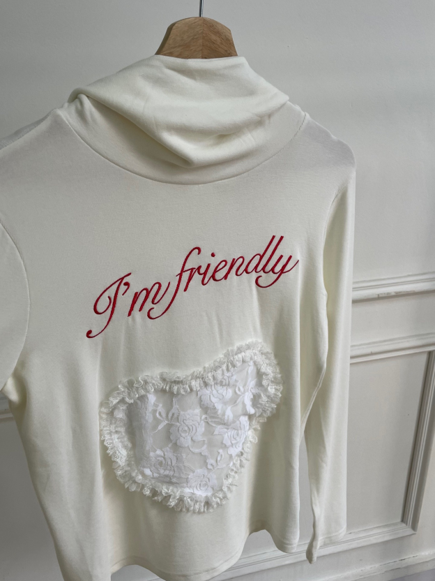 Lace heart long-sleeve hooded top-Blackpink Jennie