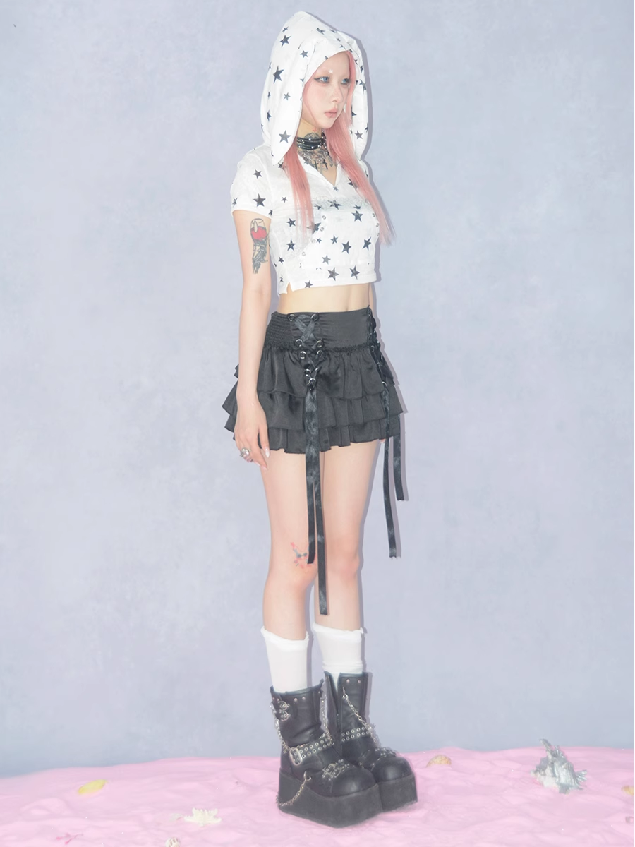 Y2K Bunny Ears Hooded Short Sleeve Top-Yuqi Gidle
