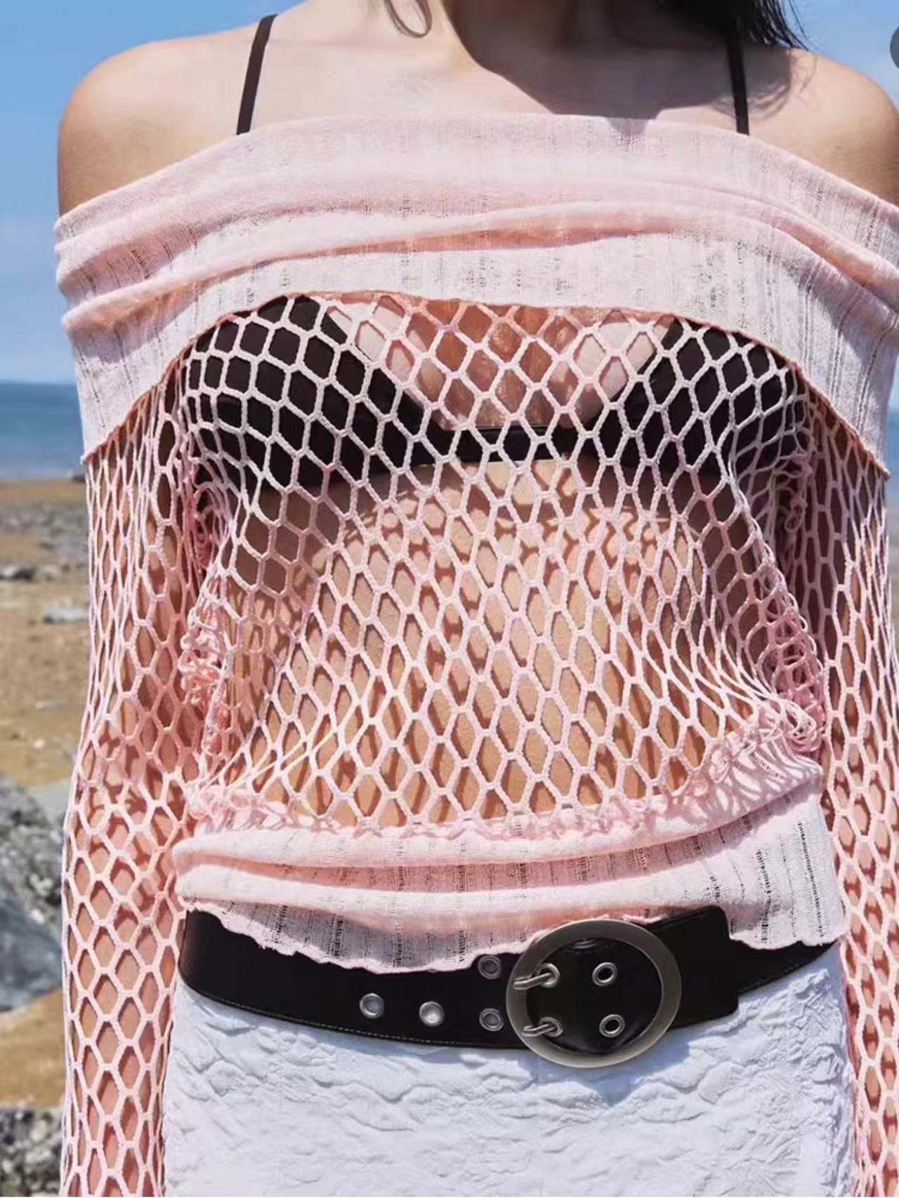 Pink Boat Neck Cutout Knit Sweater-Aespa Ningning