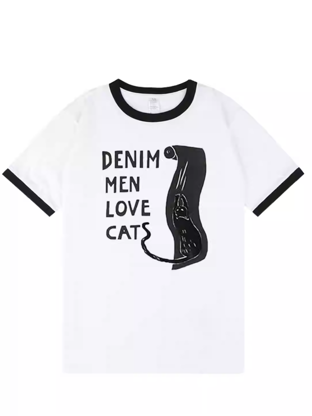 Jake&DK&Minji Inspired Denim Men Love Cats Graphic Ringer Tee-Enhypen Seventeen Newjeans