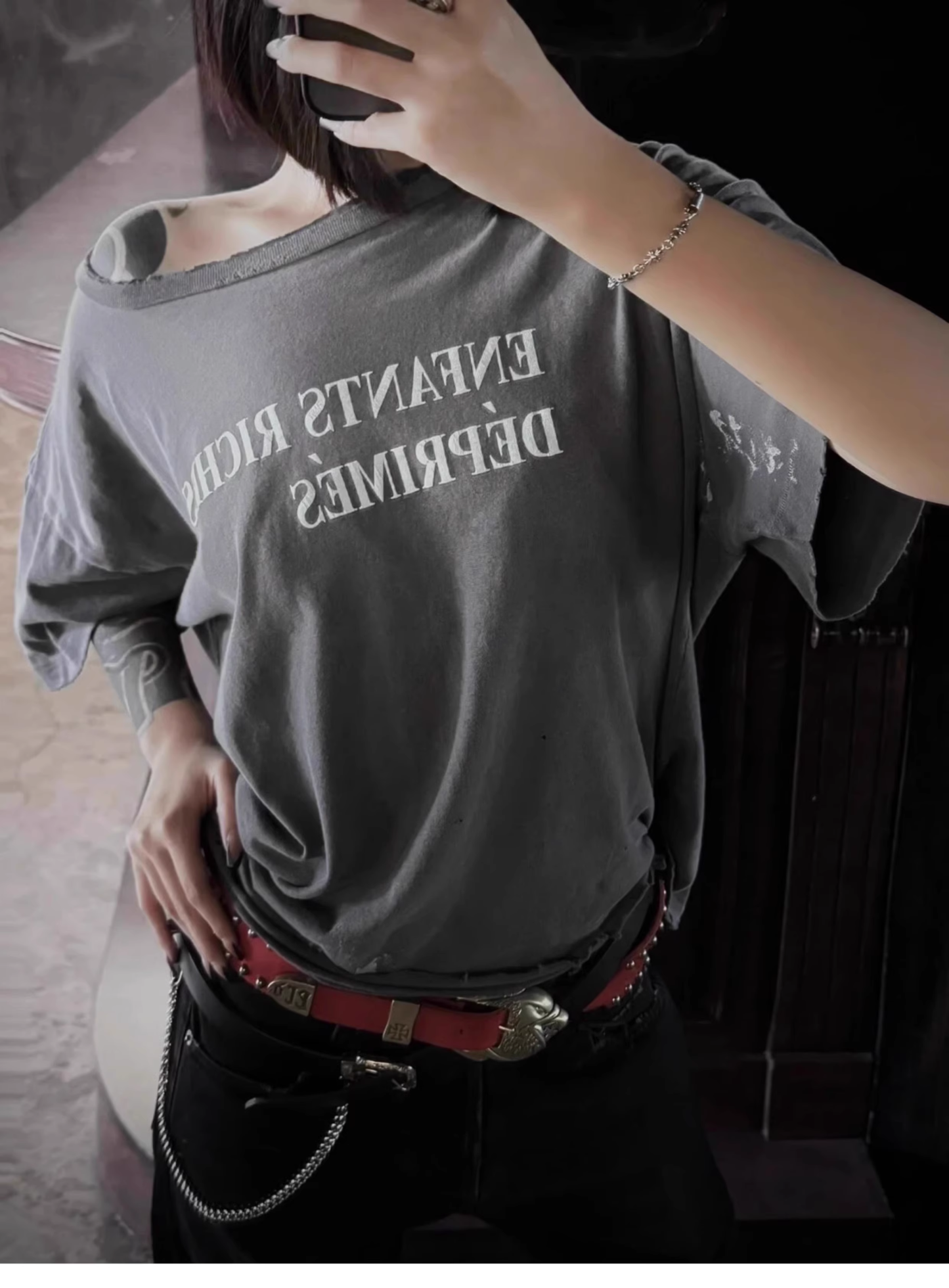 Distressed Washed Grey Keywords Short Sleeve T-shirt