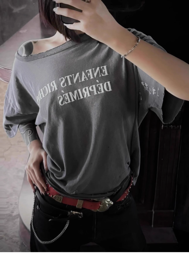 Distressed Washed Grey Keywords Short Sleeve T-shirt