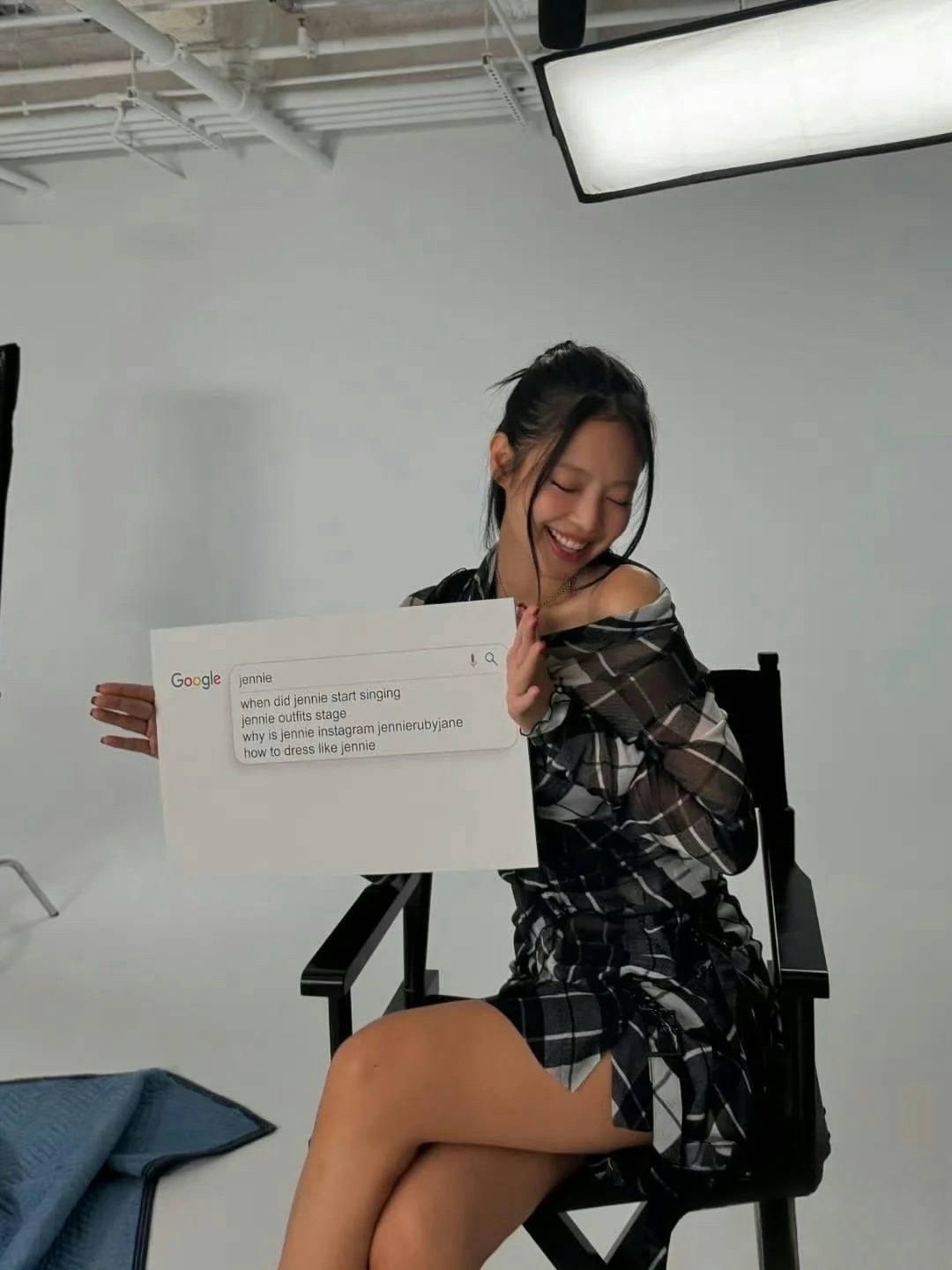 Blackpink Jennie Inspired Checkered Mesh Off-Shoulder Top&Deconstructed Skirt Set