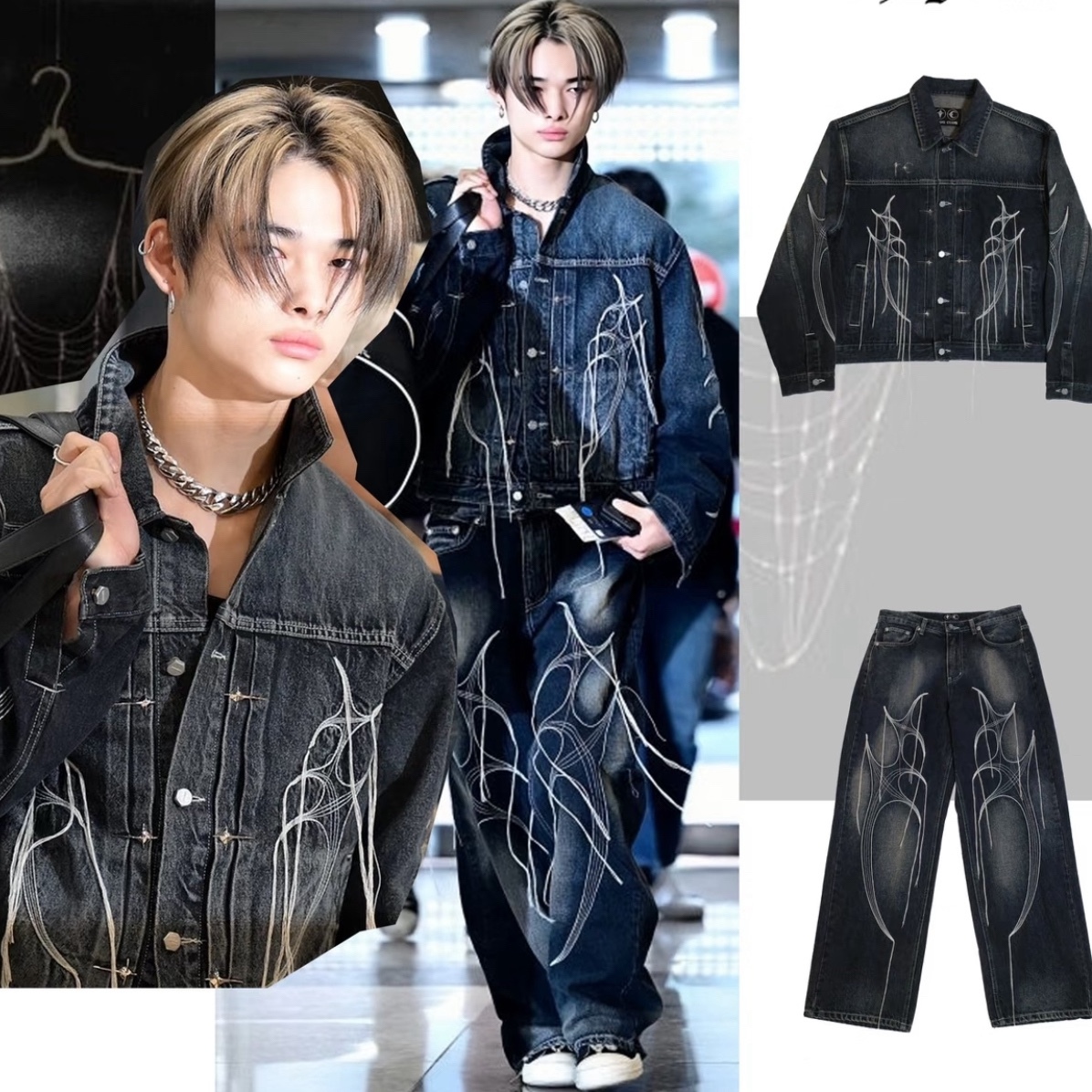 Enhypen NiKi inspired Distressed Washed Black Short Wide-Cut Denim Jacket & Jeans pants Set