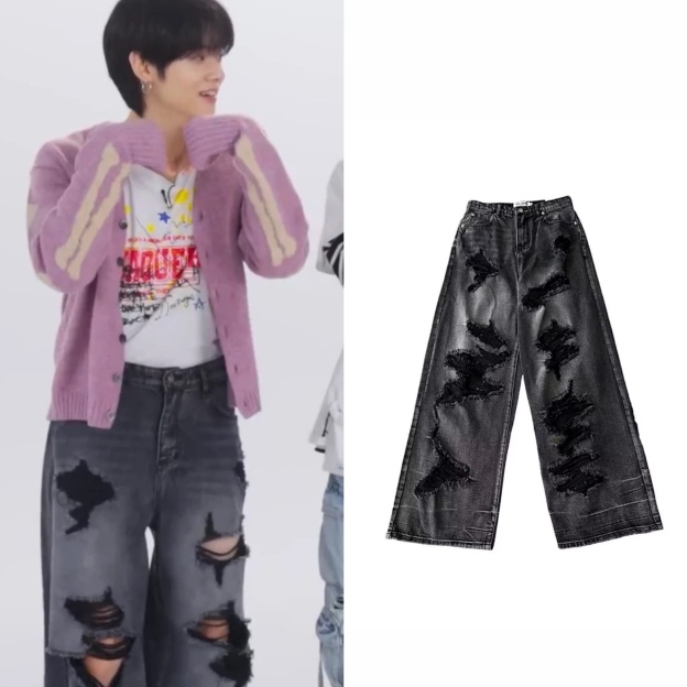 TXT Yeonjun Black Washed Tattered Denim inspired Jeans Pant 