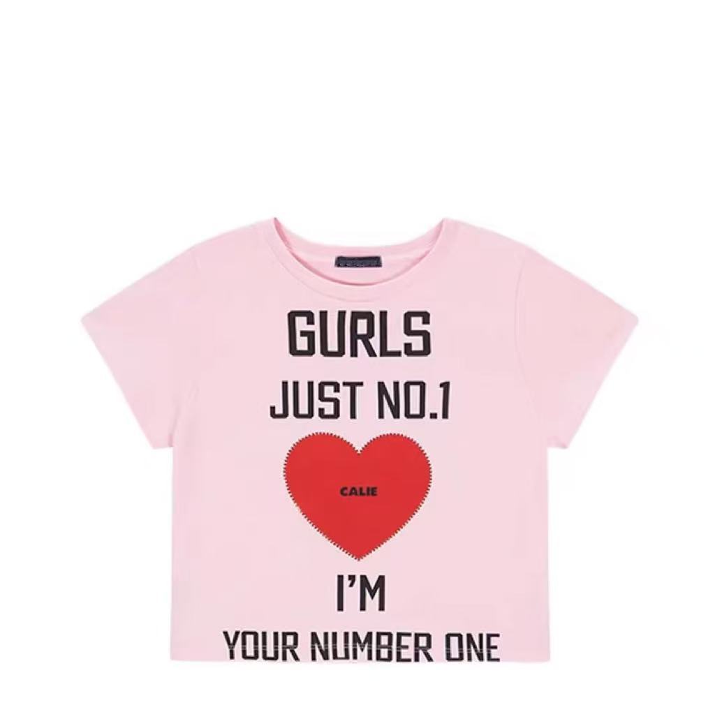 Aespa Karina Inspired GURLS JUST NO.1 Heart Print Short Sleeve Tee