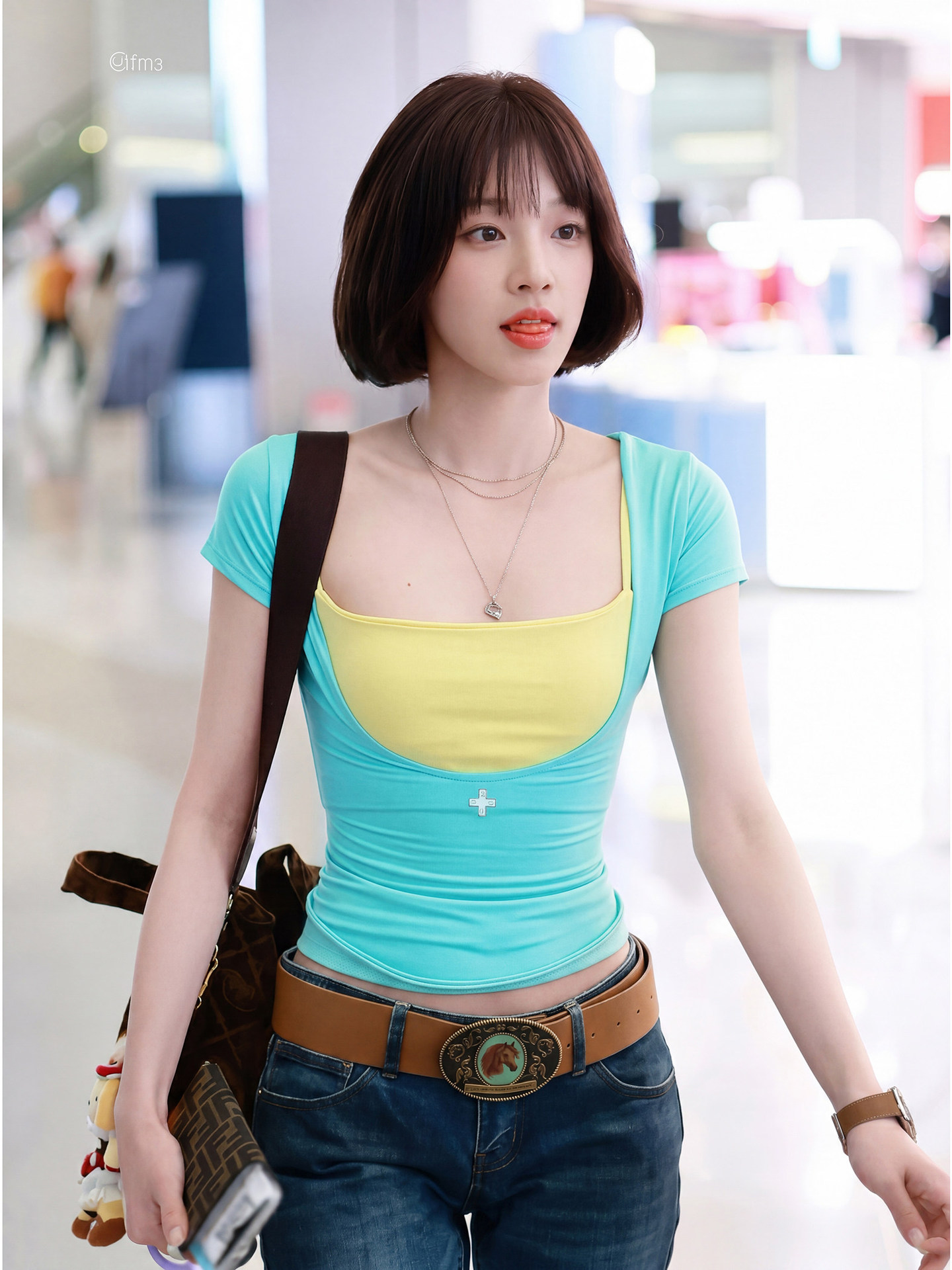 IDLE YUQI Inspired Turquoise Cross Logo U-Neck Fitted Tee