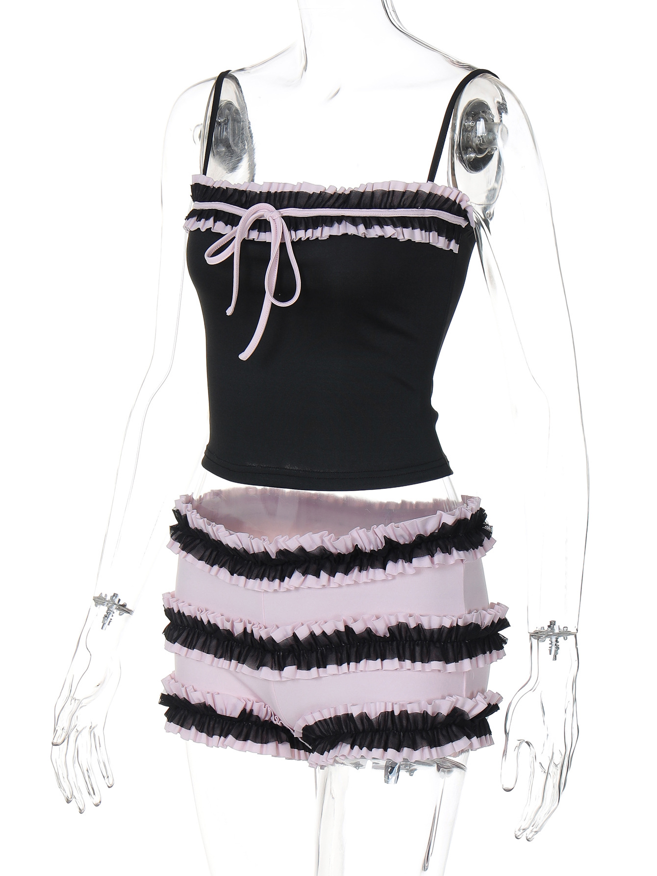 Lace Bow Slimming Camisole Shorts Set-Outfitidea For Blinks BLACKPINK-Inspired Fashion