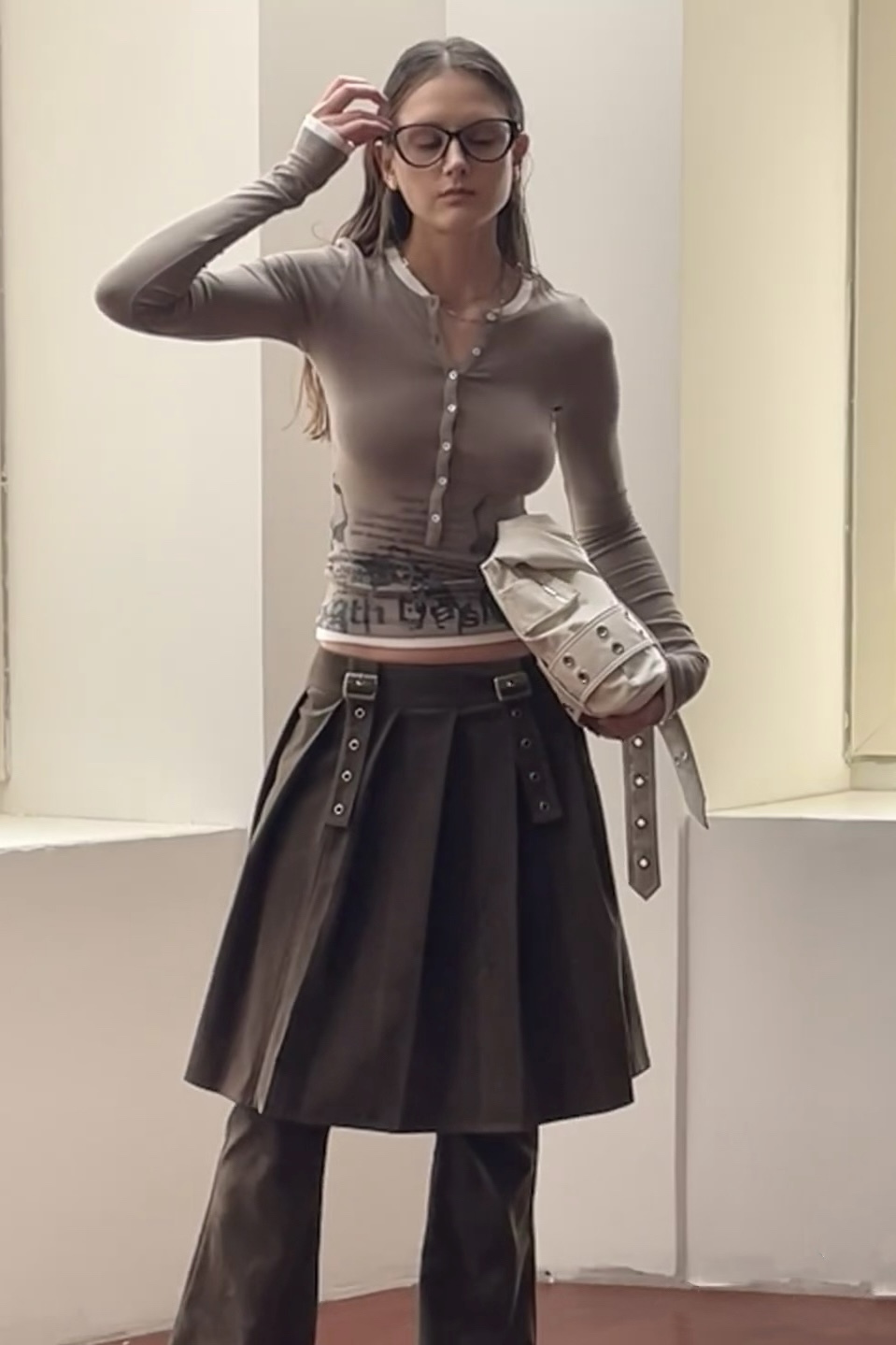 Layered faux two-piece denim skirt pants-Straykids outfit inspiration Stay