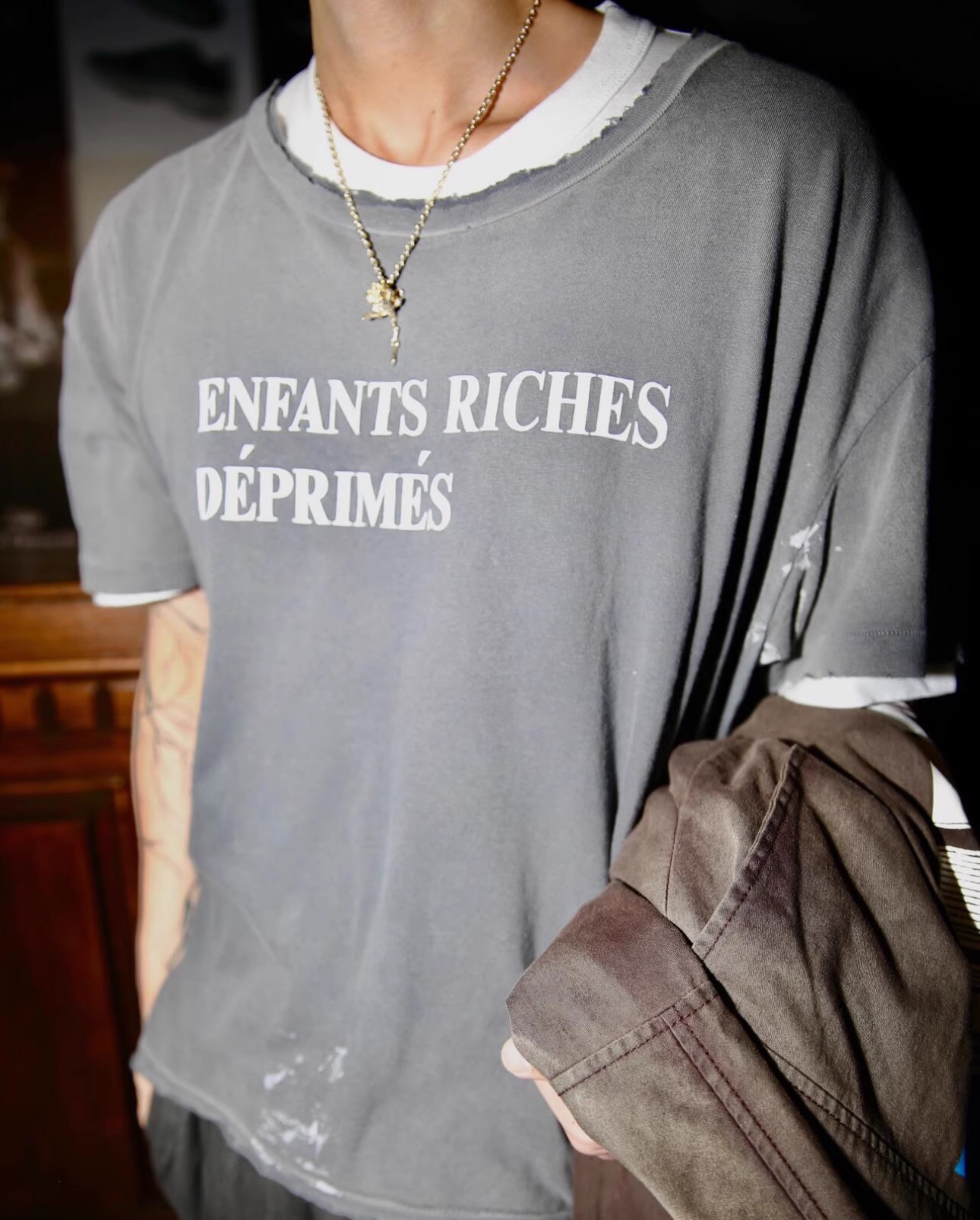 Distressed Washed Grey Keywords Short Sleeve T-shirt