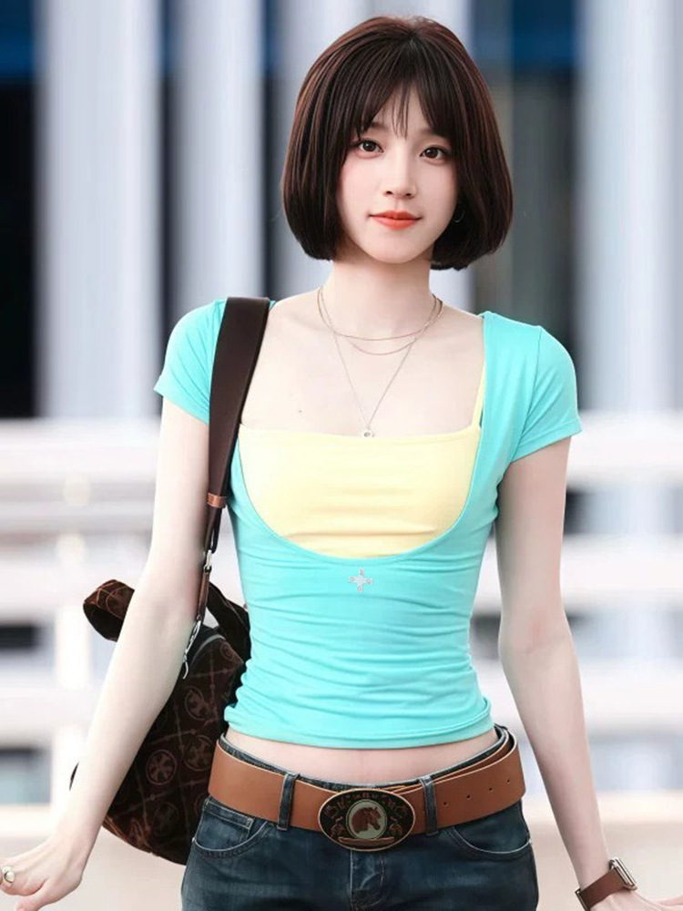 IDLE YUQI Inspired Turquoise Cross Logo U-Neck Fitted Tee