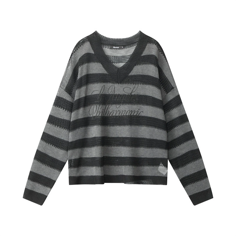 Striped V-neck lightweight long-sleeve knit sweater-Aespa Karina